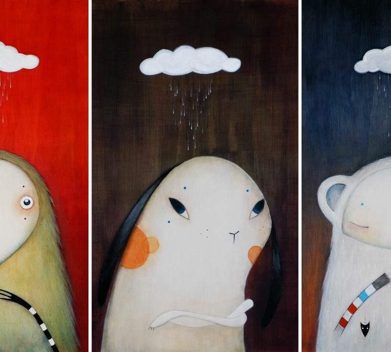 The Cloud - trio of artworks featuring fantasy creatures under a cloud.